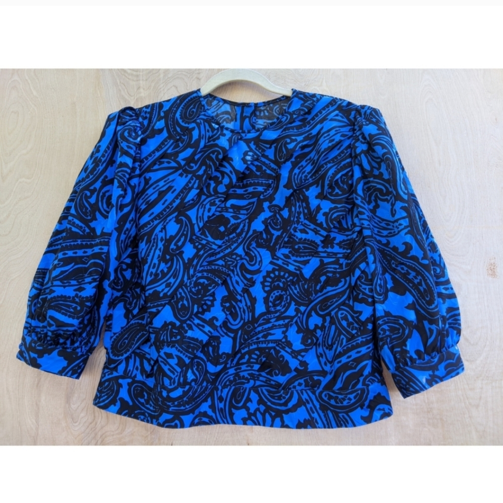 Vintage 3/4 puff sleeve pleated blouse blue black XL